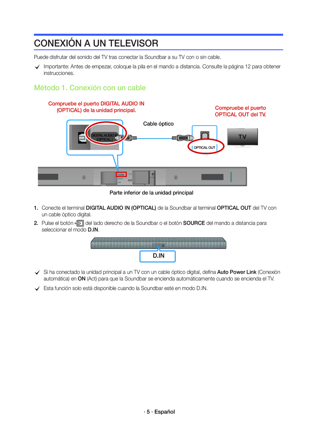 Samsung HW-K450/EN manual Conexión a UN Televisor, Método 1. Conexión con un cable, Cable óptico 