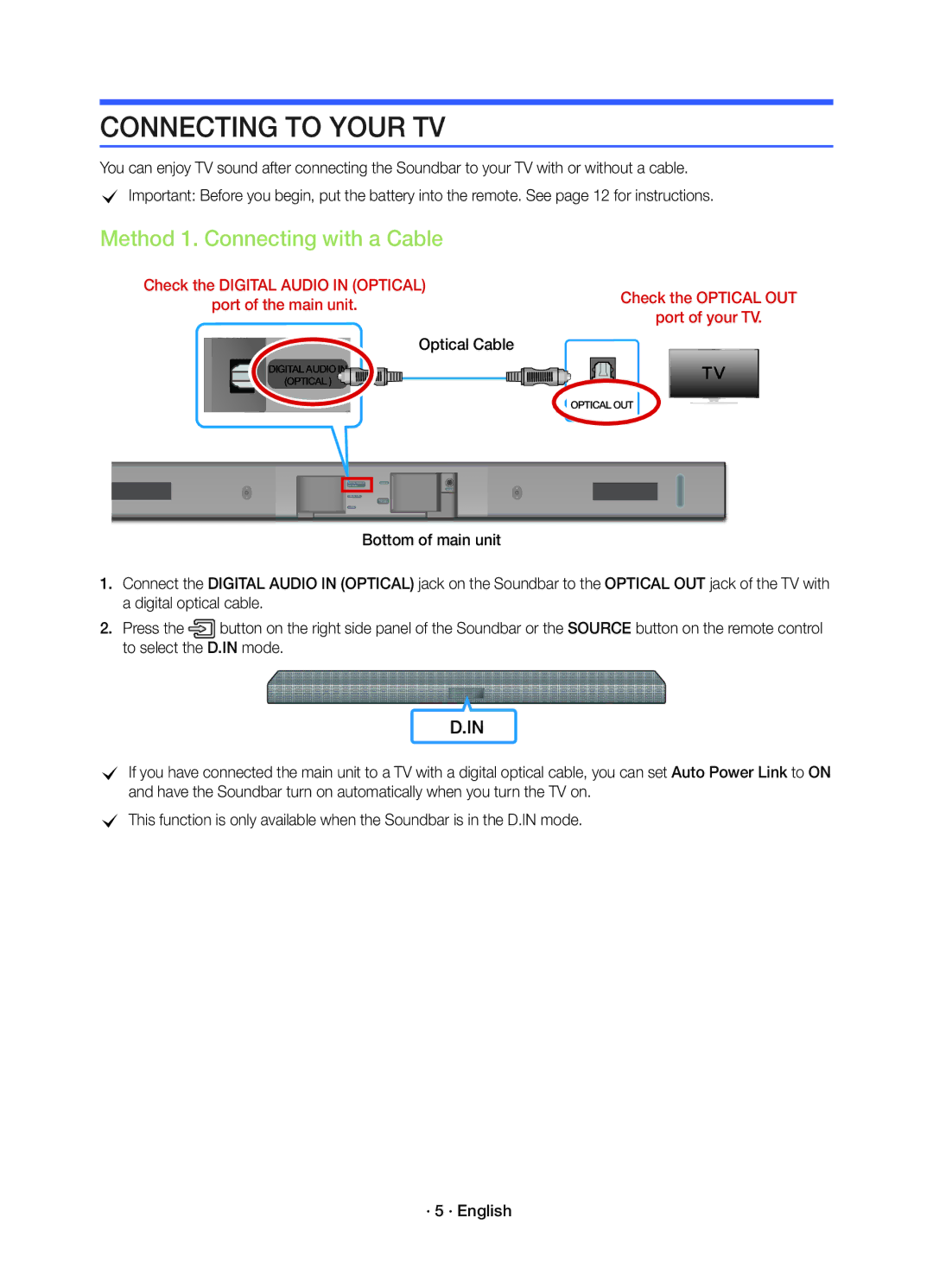 Samsung HW-K450/EN manual Connecting to Your TV, Method 1. Connecting with a Cable, Optical Cable 