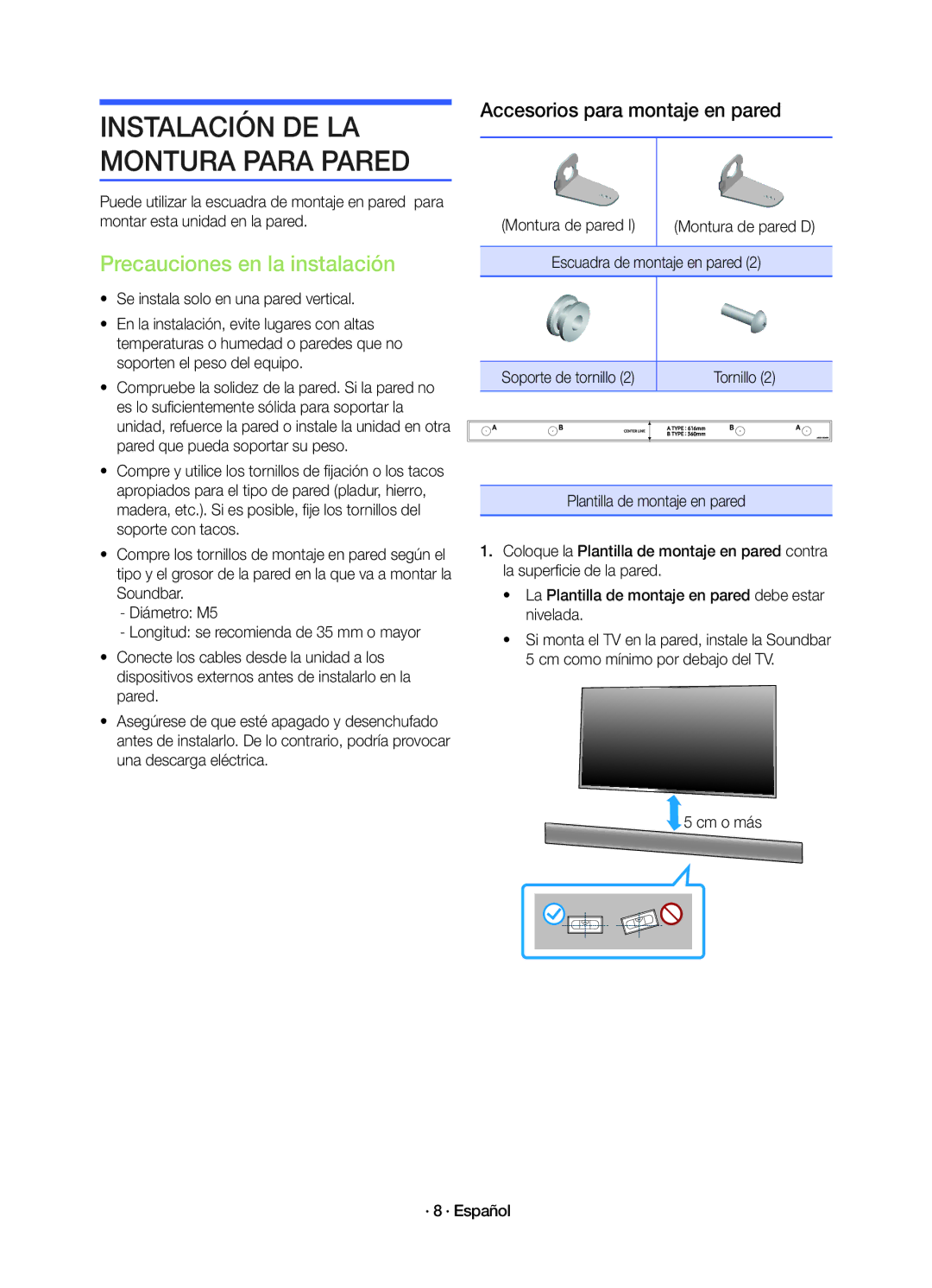 Samsung HW-K450/EN manual Precauciones en la instalación, Montura de pared, Escuadra de montaje en pared, Tornillo 