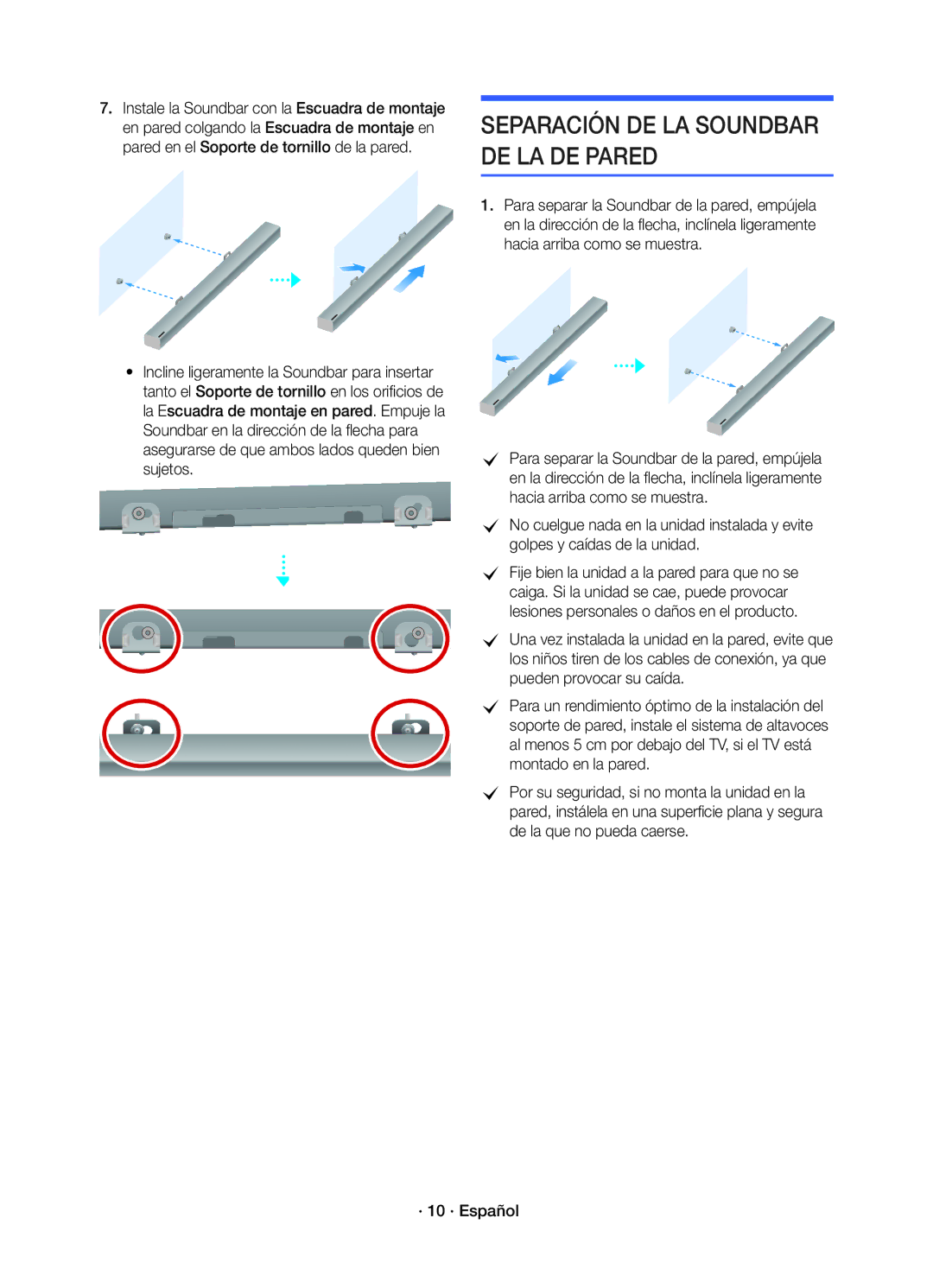 Samsung HW-K450/EN manual Separación DE LA Soundbar DE LA DE Pared 