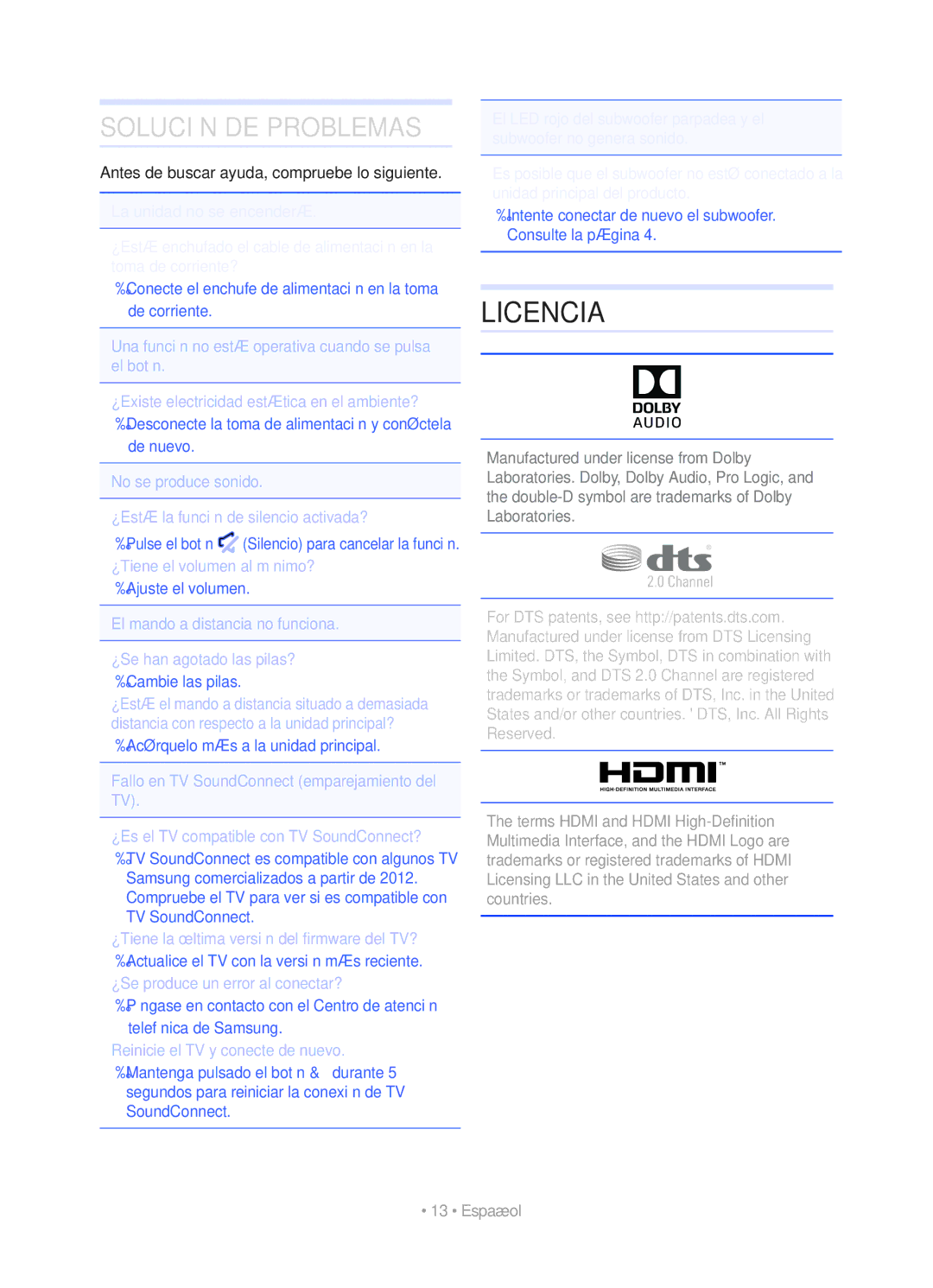 Samsung HW-K450/EN manual Licencia, No se produce sonido ¿Está la función de silencio activada? 