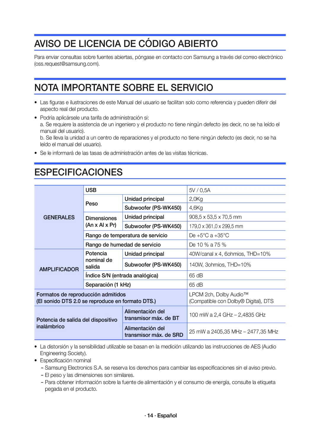 Samsung HW-K450/EN Aviso DE Licencia DE Código Abierto, Nota Importante Sobre EL Servicio, Especificaciones, Generales 