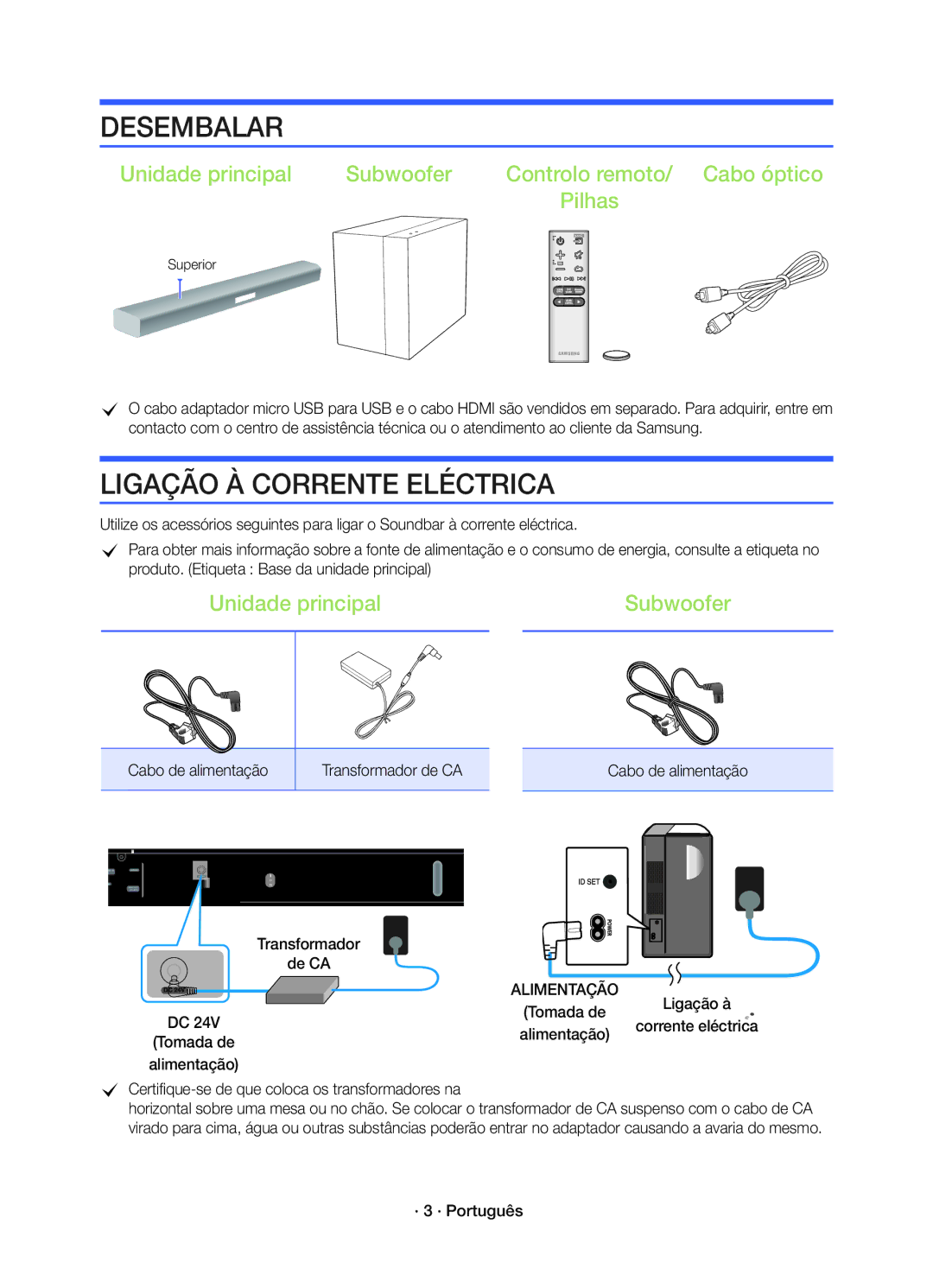 Samsung HW-K450/EN manual Desembalar, Ligação À Corrente Eléctrica, Unidade principal 