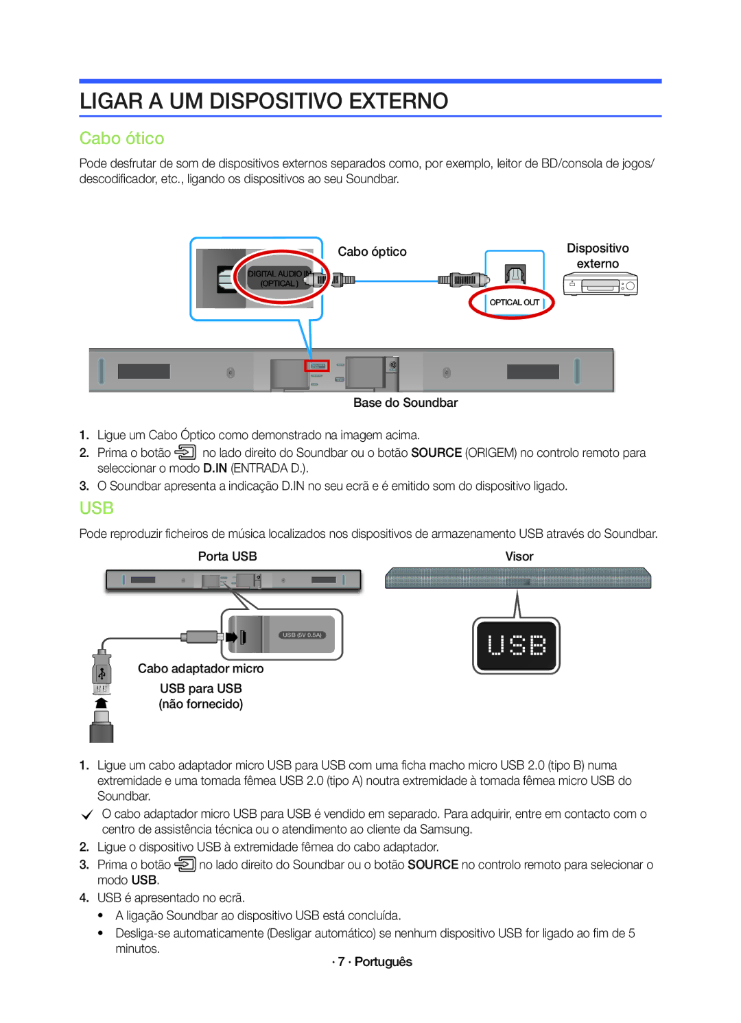 Samsung HW-K450/EN manual Ligar a UM Dispositivo Externo, Cabo ótico 