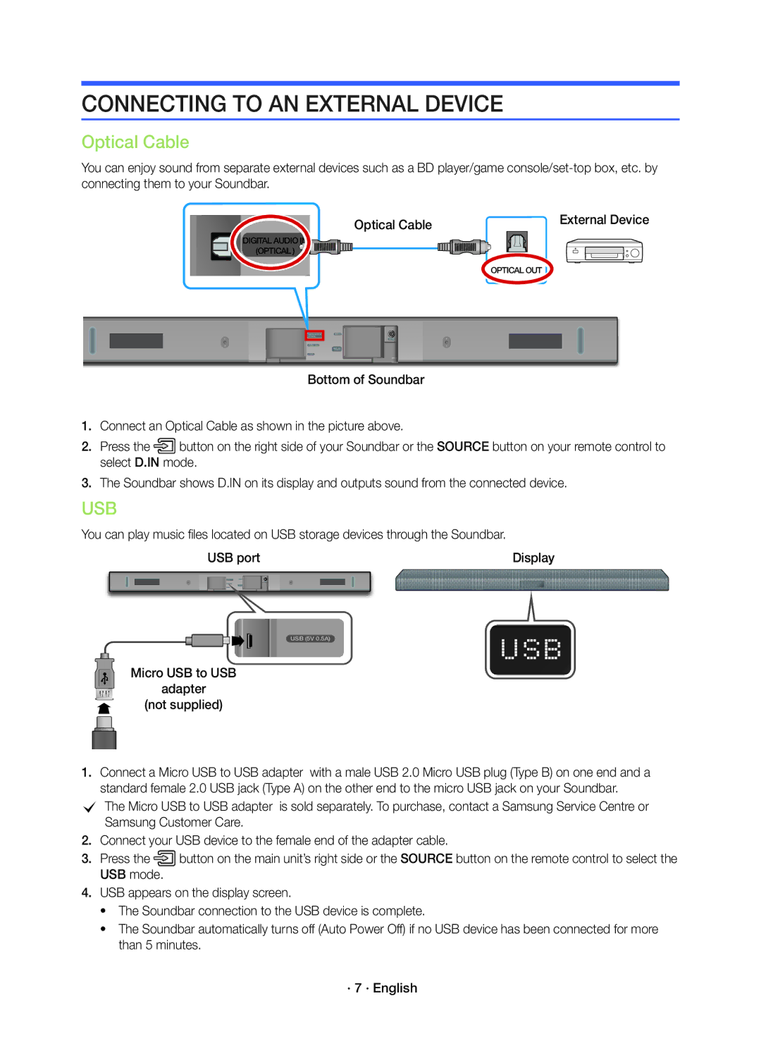 Samsung HW-K450/EN manual Connecting to AN External Device, Optical Cable, USB port, Micro USB to USB Adapter Not supplied 