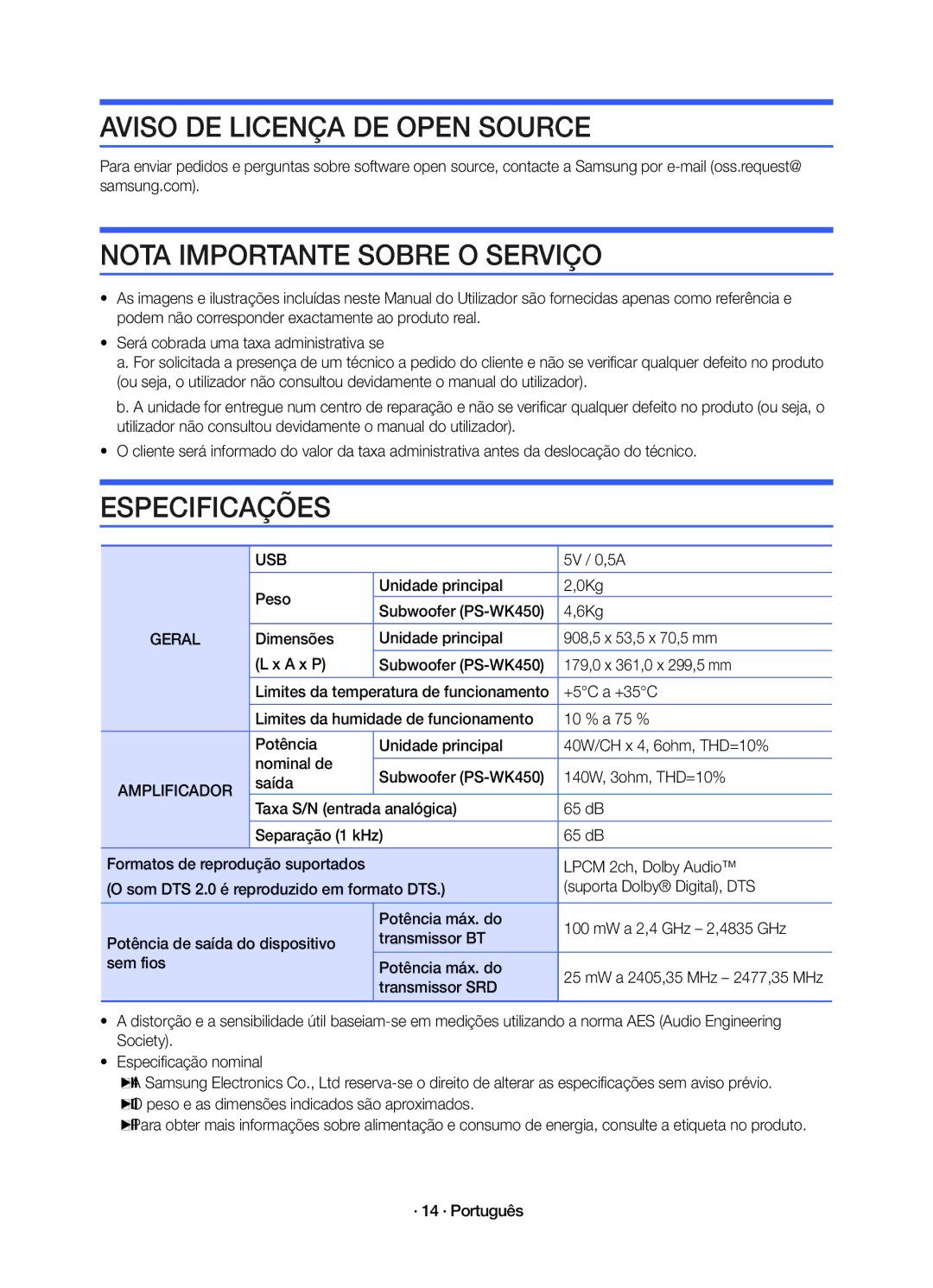 Samsung HW-K450/EN manual Aviso DE Licença DE Open Source, Nota Importante Sobre O Serviço, Especificações, Geral 