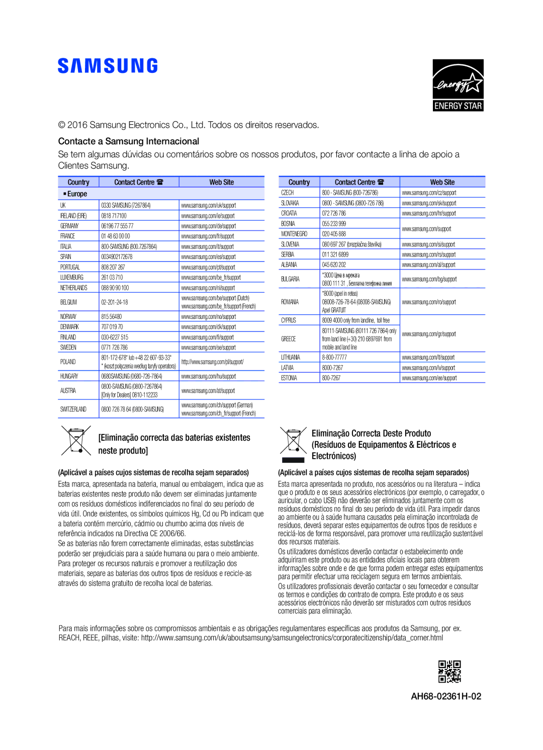 Samsung HW-K450/EN manual Eliminação correcta das baterias existentes neste produto, AH68-02361H-02 