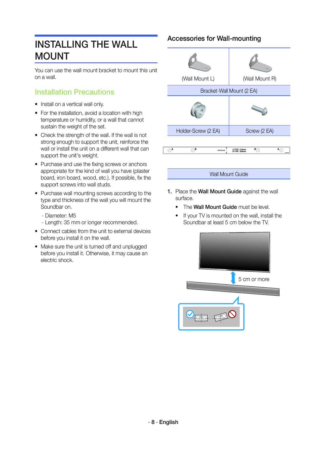 Samsung HW-K450/EN manual Installing the Wall Mount, Installation Precautions 