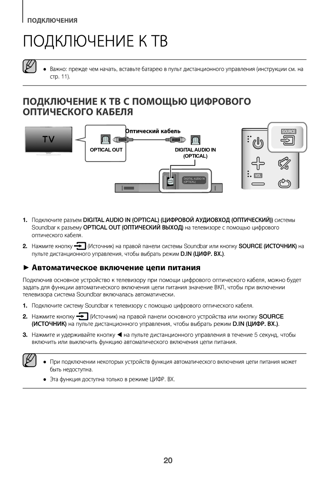 Samsung HW-K450/RU Подключение К ТВ С Помощью Цифрового Оптического Кабеля, ++Автоматическое включение цепи питания 