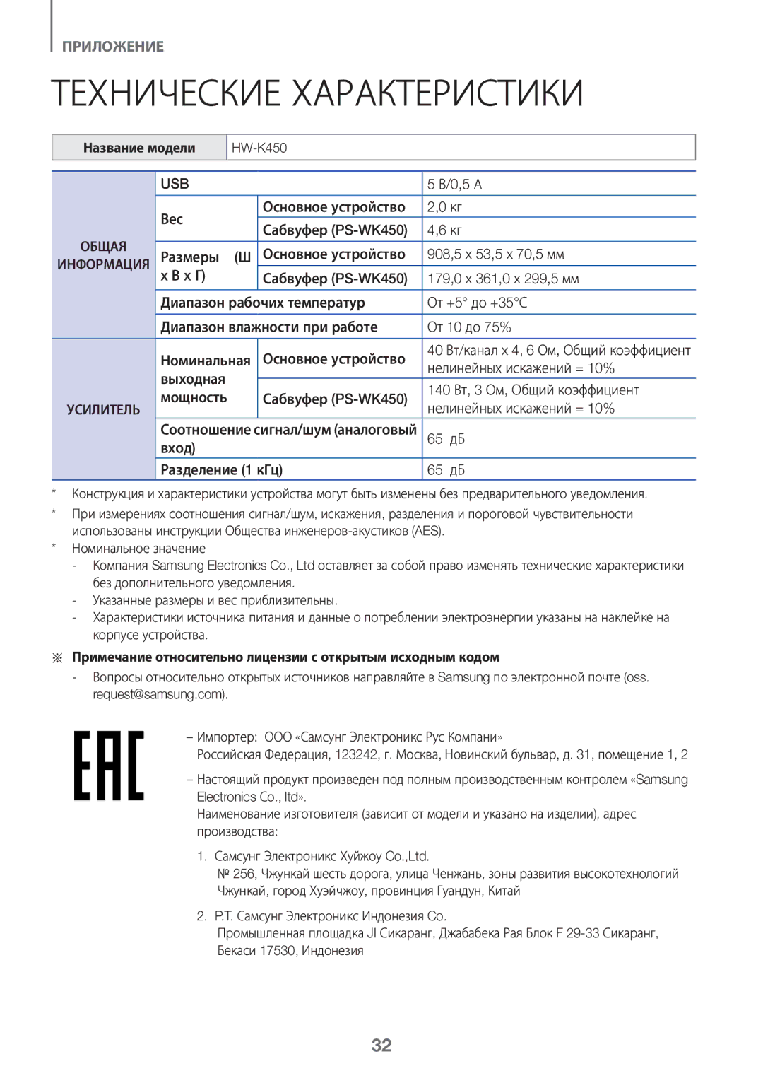 Samsung HW-K450/RU manual Технические Характеристики, Название модели, Сигнал/шум аналоговый 