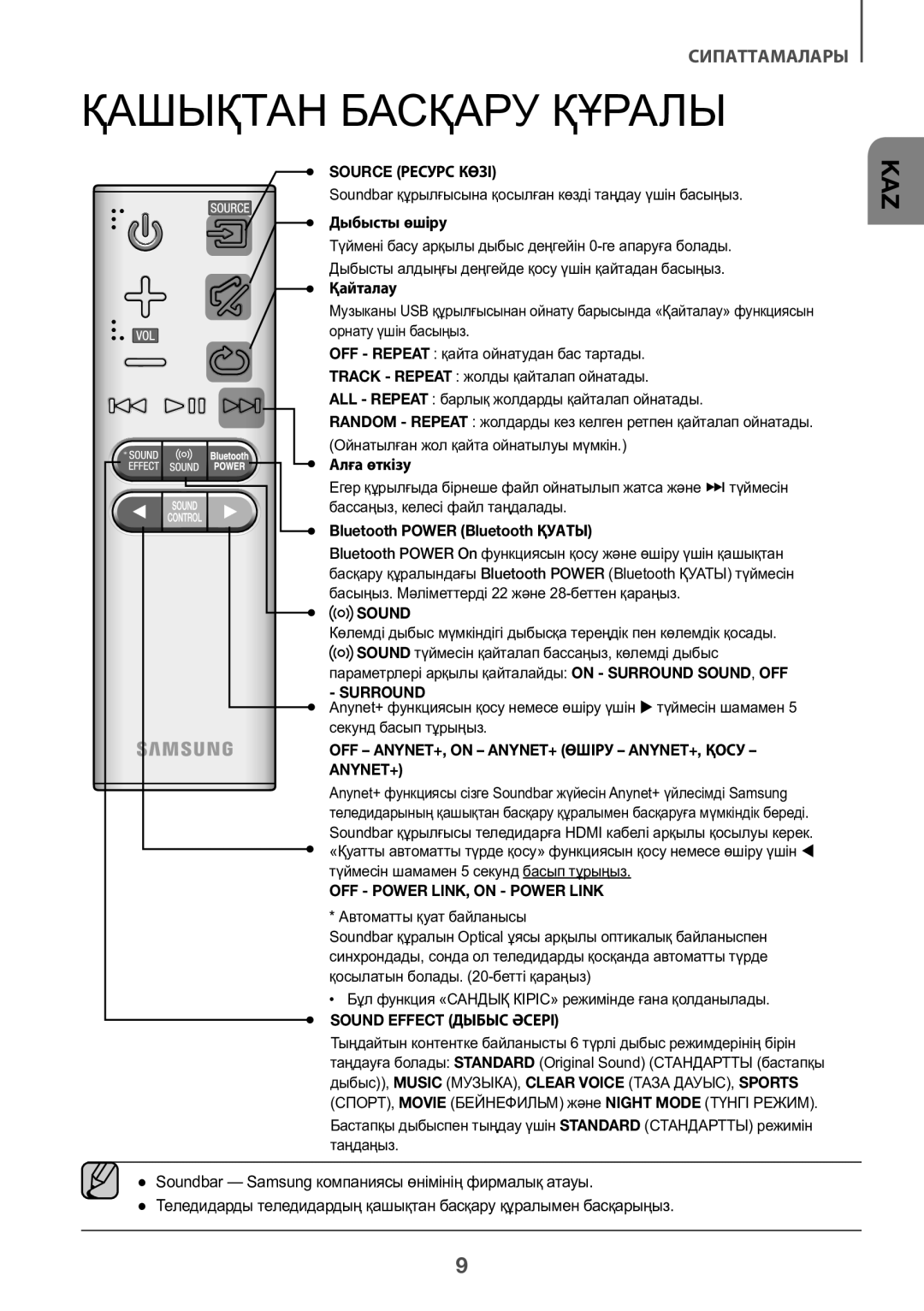 Samsung HW-K450/RU manual Қашықтан Басқару Құралы, Дыбысты өшіру, Қайталау, Алға өткізу, Bluetooth Power Bluetooth Қуаты 