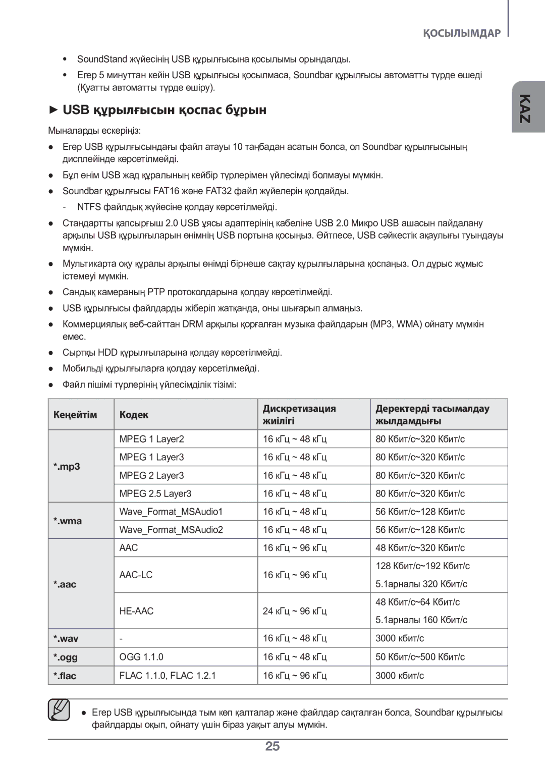 Samsung HW-K450/RU manual ++USB құрылғысын қоспас бұрын, Файл пішімі түрлерінің үйлесімділік тізімі, 1арналы 320 Кбит/с 