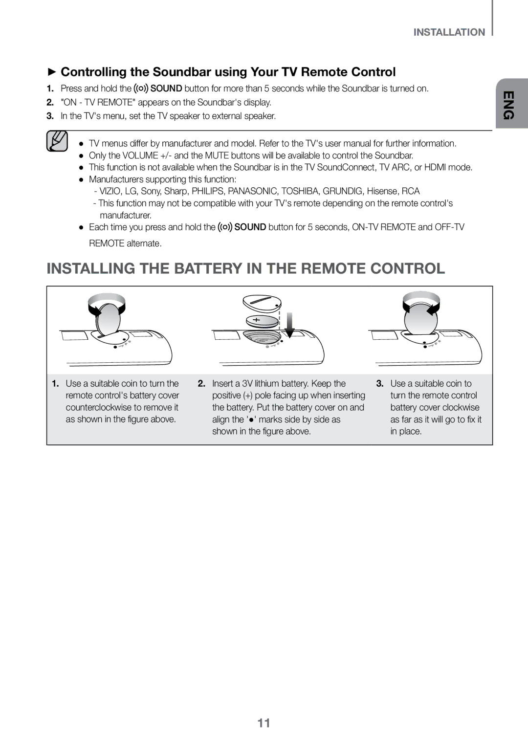 Samsung HW-K450/SQ Installing the Battery in the Remote Control, ++Controlling the Soundbar using Your TV Remote Control 