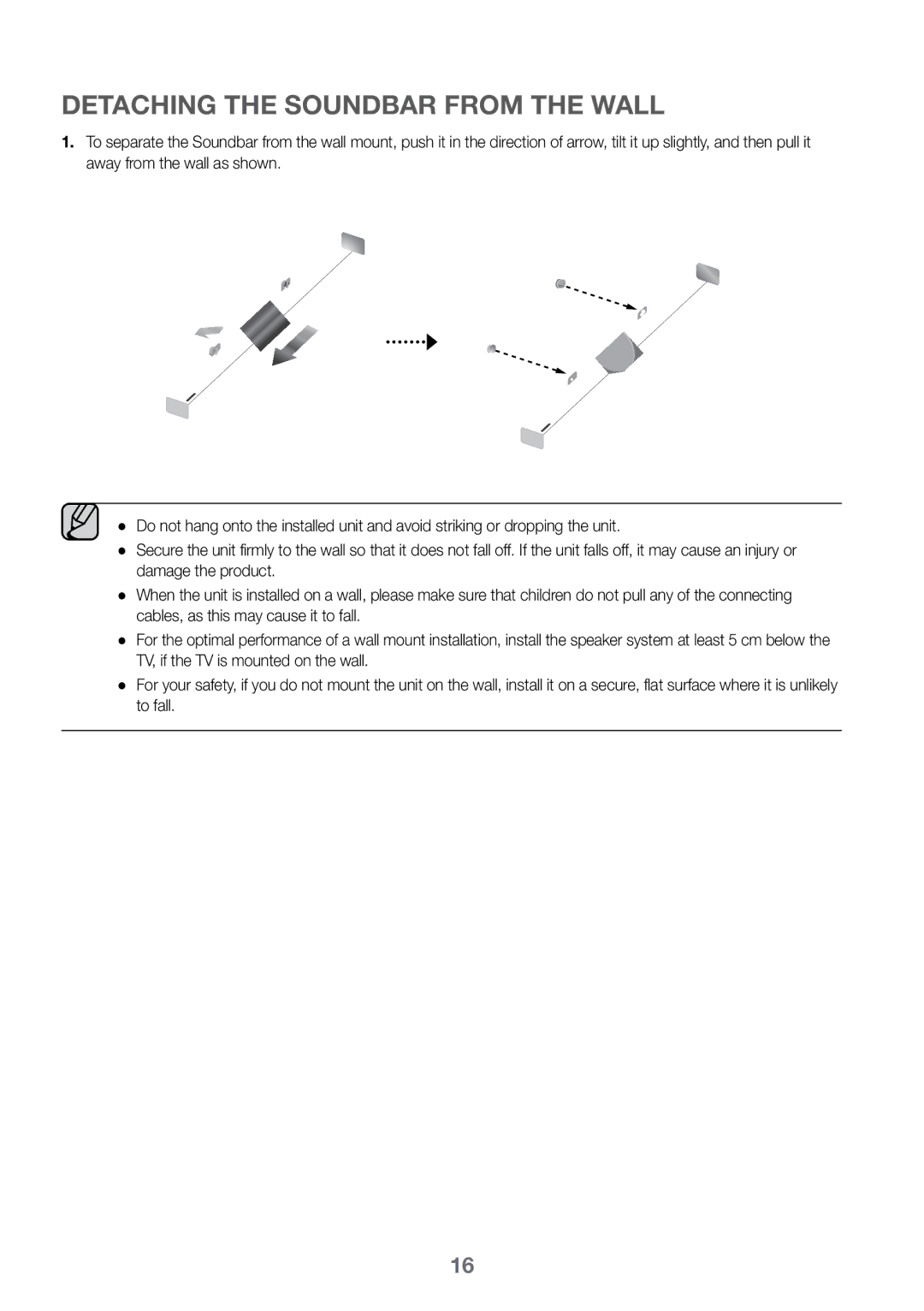 Samsung HW-K450/SQ manual Detaching the Soundbar from the Wall 