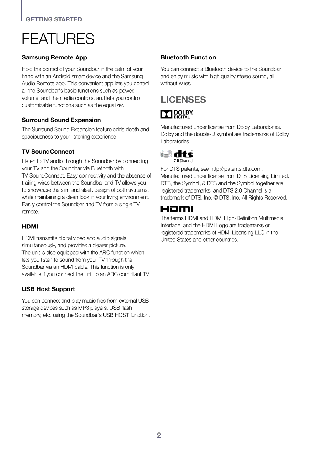 Samsung HW-K450/SQ manual Features, Licenses 