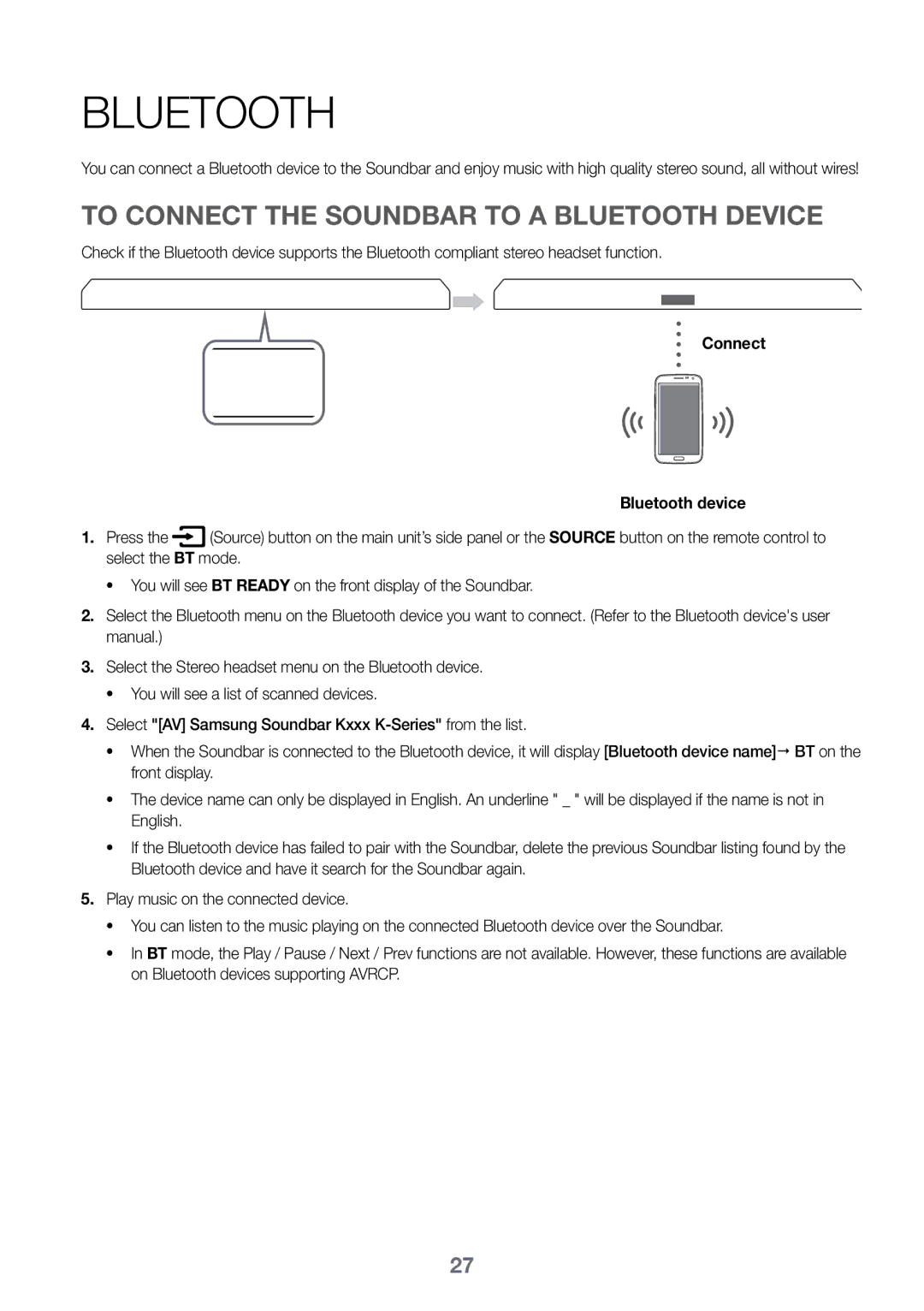 Samsung HW-K450/SQ manual To connect the Soundbar to a Bluetooth device 