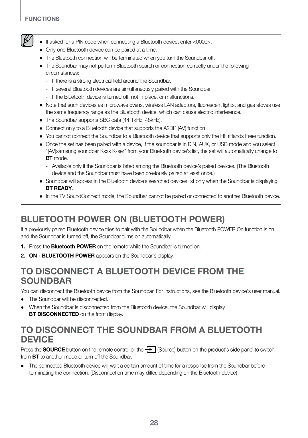 Samsung HW-K450/SQ manual Bluetooth Power On Bluetooth Power, To disconnect a Bluetooth device from the Soundbar, BT mode 