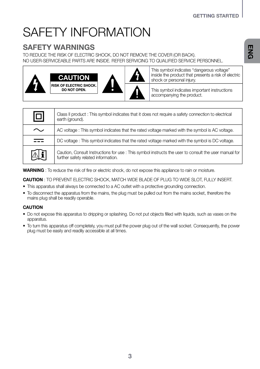 Samsung HW-K450/SQ manual Safety Information, Safety Warnings 