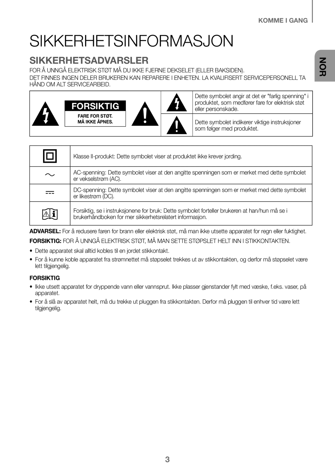 Samsung HW-K460/XE manual Sikkerhetsinformasjon, Sikkerhetsadvarsler, Eller personskade, Som følger med produktet 