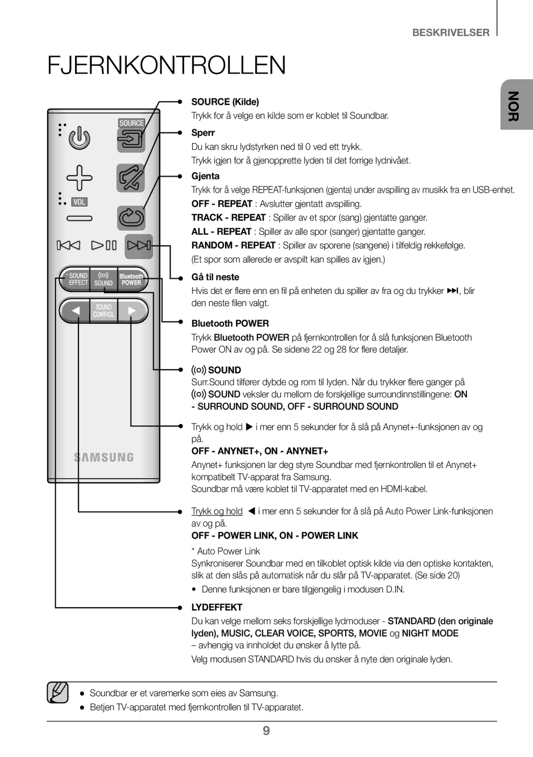 Samsung HW-K460/XE manual Source Kilde, Sperr Du kan skru lydstyrken ned til 0 ved ett trykk, Gjenta, Gå til neste 