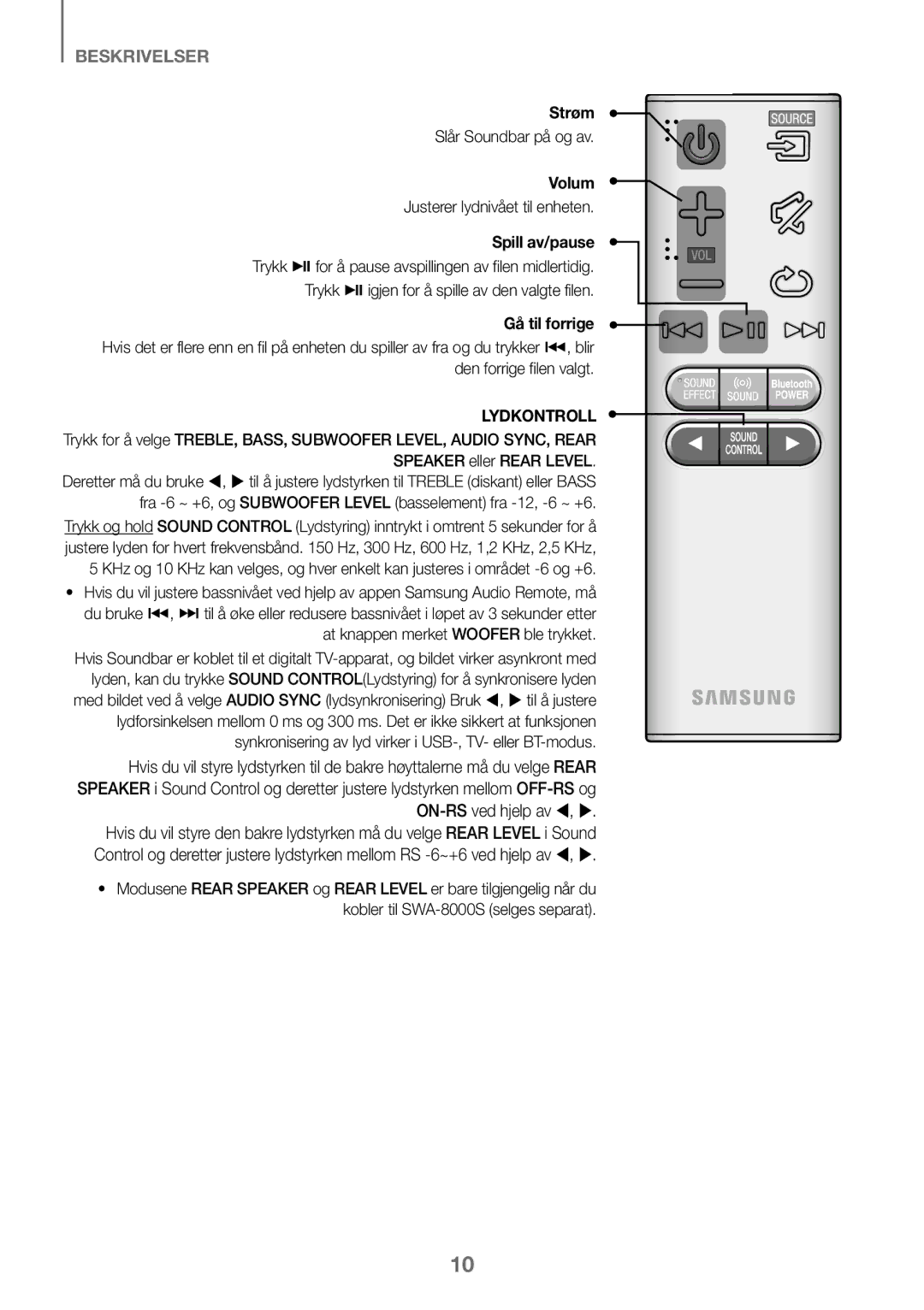 Samsung HW-K460/XE manual Strøm, Volum, Spill av/pause, Gå til forrige 