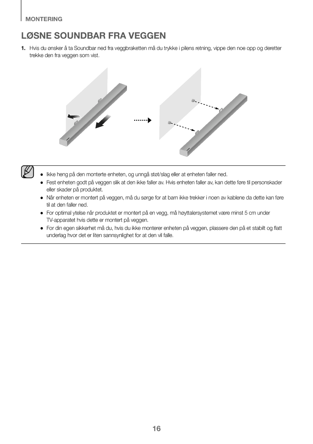 Samsung HW-K460/XE manual Løsne Soundbar FRA Veggen 