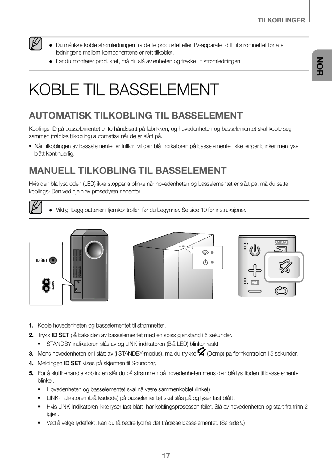 Samsung HW-K460/XE manual Koble TIL Basselement, Automatisk Tilkobling TIL Basselement, Manuell Tilkobling TIL Basselement 