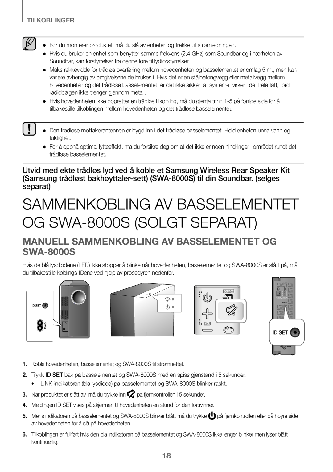 Samsung HW-K460/XE manual Sammenkobling AV Basselementet OG SWA-8000S Solgt Separat 