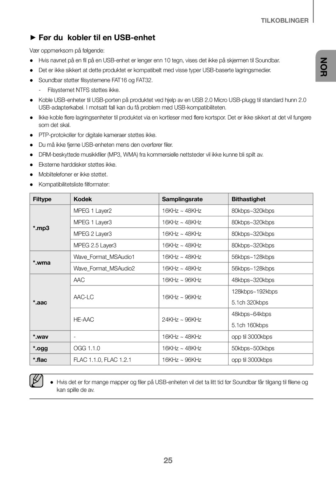 Samsung HW-K460/XE ++Før du kobler til en USB-enhet, Vær oppmerksom på følgende, Filtype Kodek Samplingsrate Bithastighet 