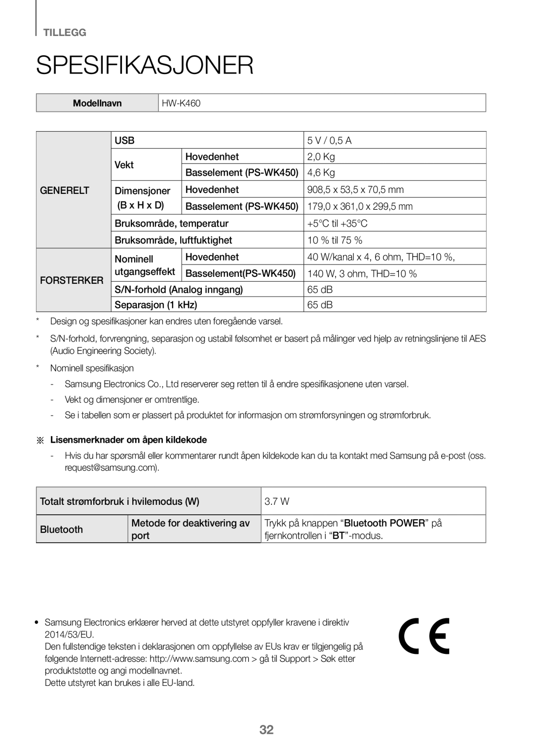 Samsung HW-K460/XE manual Spesifikasjoner, Modellnavn, Aa Lisensmerknader om åpen kildekode 