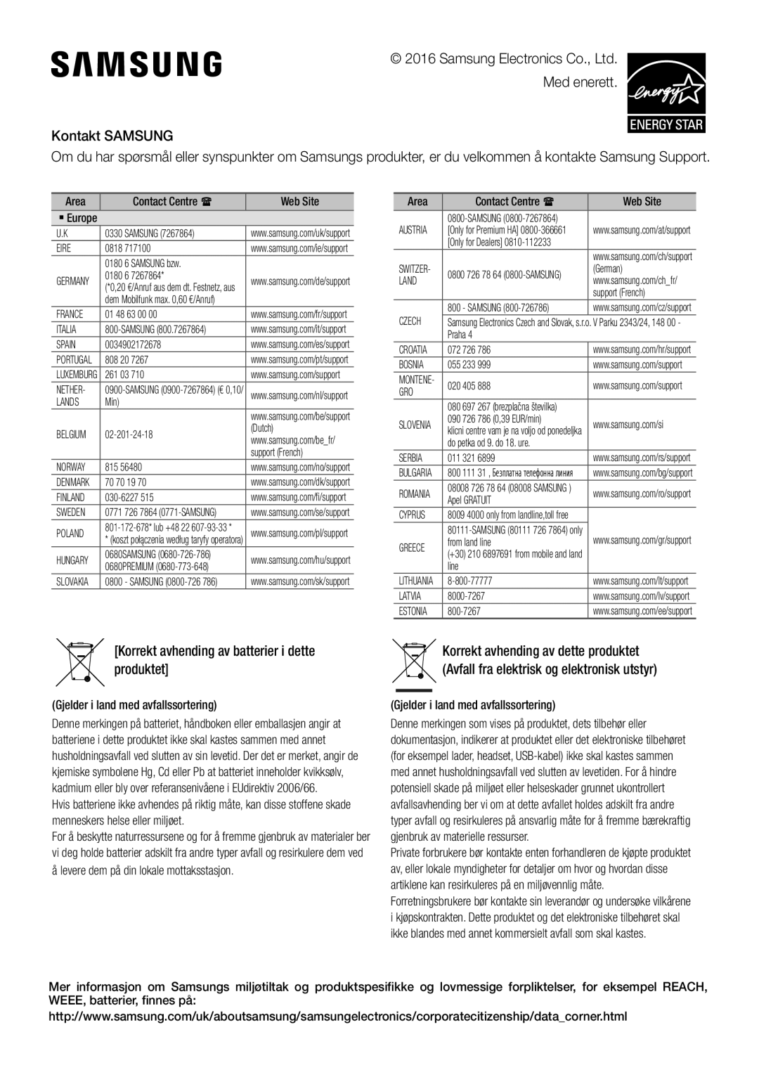 Samsung HW-K460/XE manual Korrekt avhending av batterier i dette produktet 