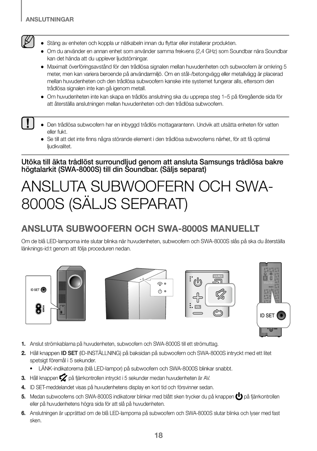 Samsung HW-K460/XE manual Ansluta Subwoofern OCH SWA- 8000S Säljs Separat, Ansluta Subwoofern OCH SWA-8000S Manuellt 