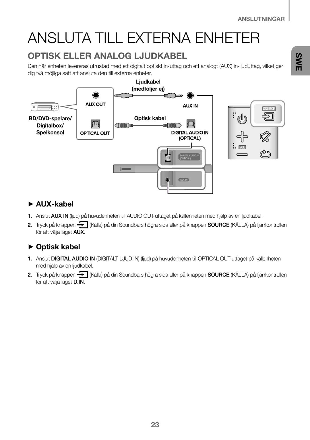 Samsung HW-K460/XE manual Ansluta Till Externa Enheter, Optisk Eller Analog Ljudkabel 