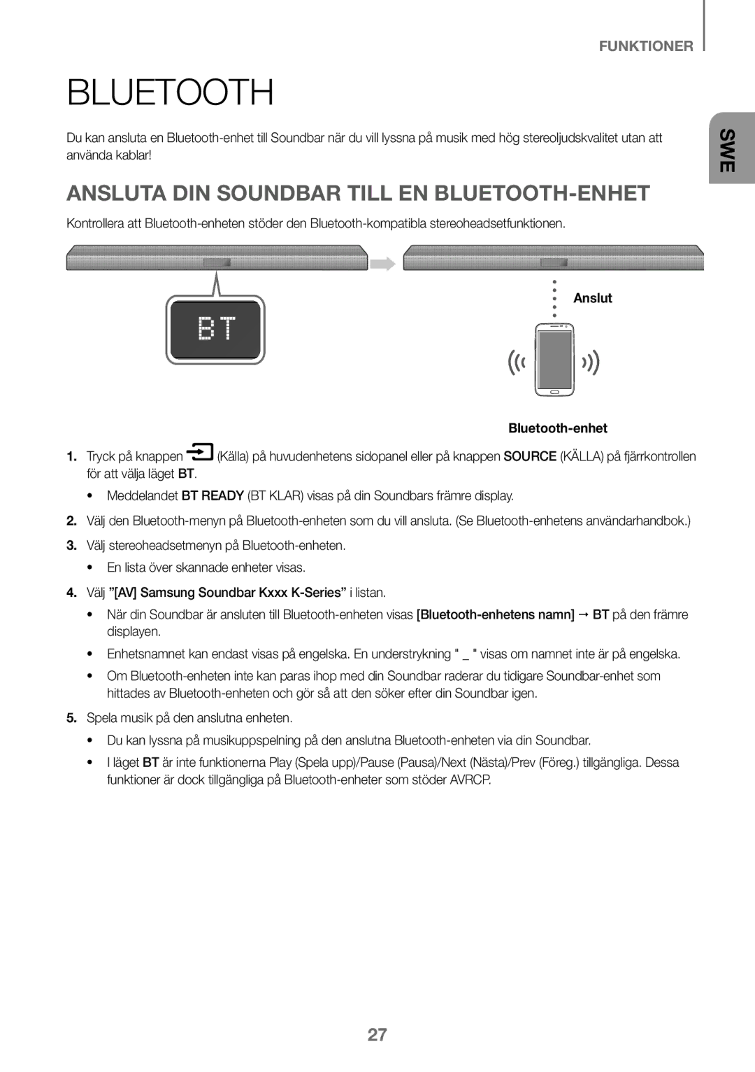 Samsung HW-K460/XE manual Ansluta DIN Soundbar Till EN BLUETOOTH-ENHET, Anslut Bluetooth-enhet 