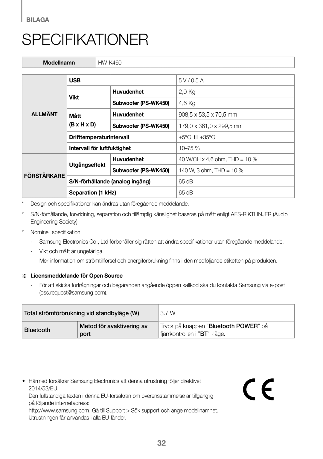 Samsung HW-K460/XE manual Modellnamn, Vikt Huvudenhet, Mått Huvudenhet, H x D, 140 W, 3 ohm, THD = 10 % 