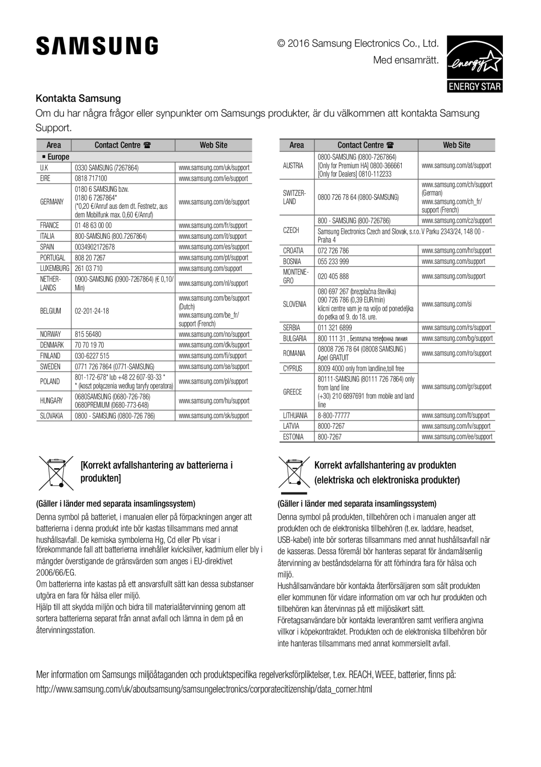 Samsung HW-K460/XE manual Korrekt avfallshantering av batterierna i produkten 