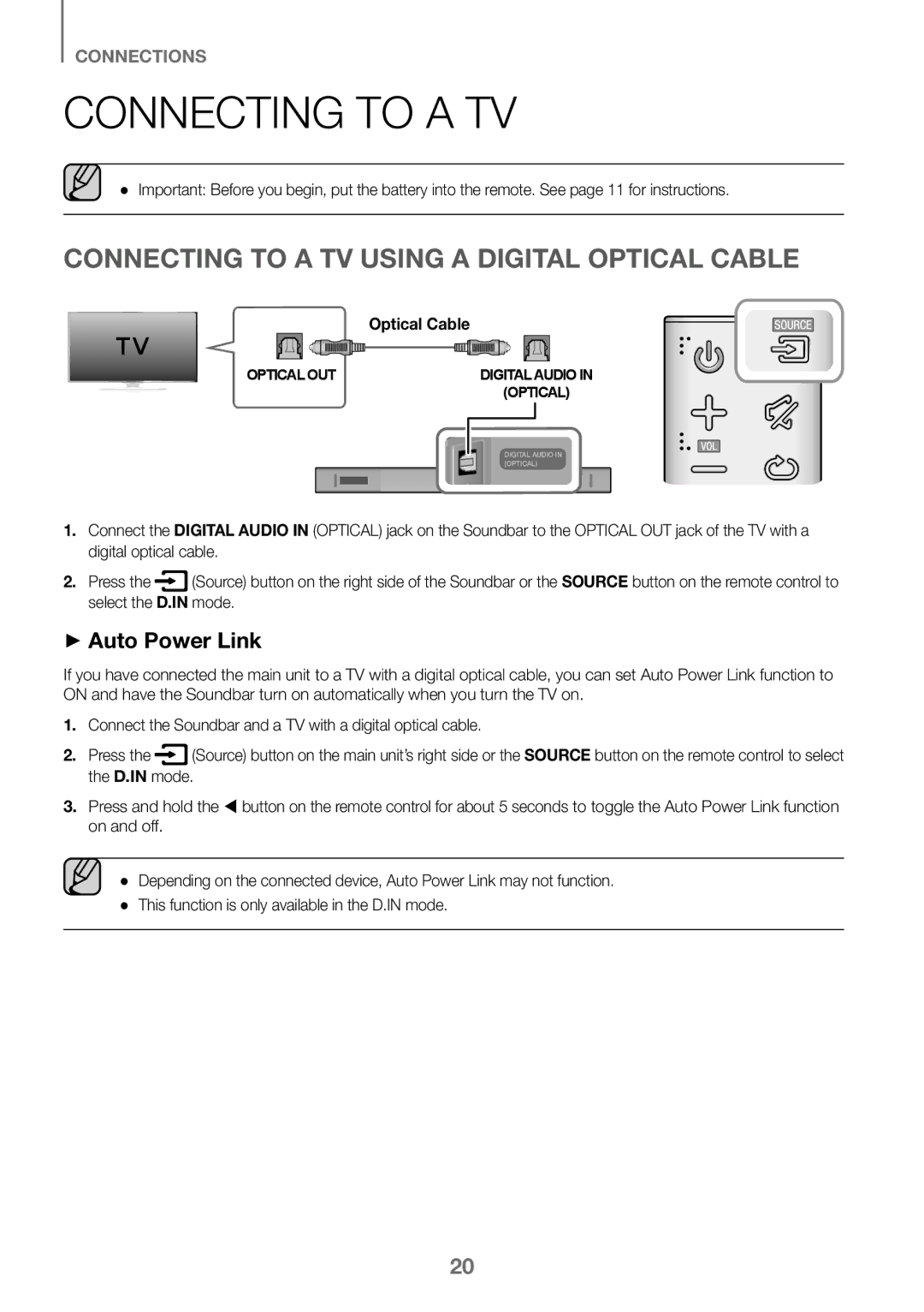 Samsung HW-K460/XE manual Connecting to a TV Using a Digital Optical Cable, ++Auto Power Link 