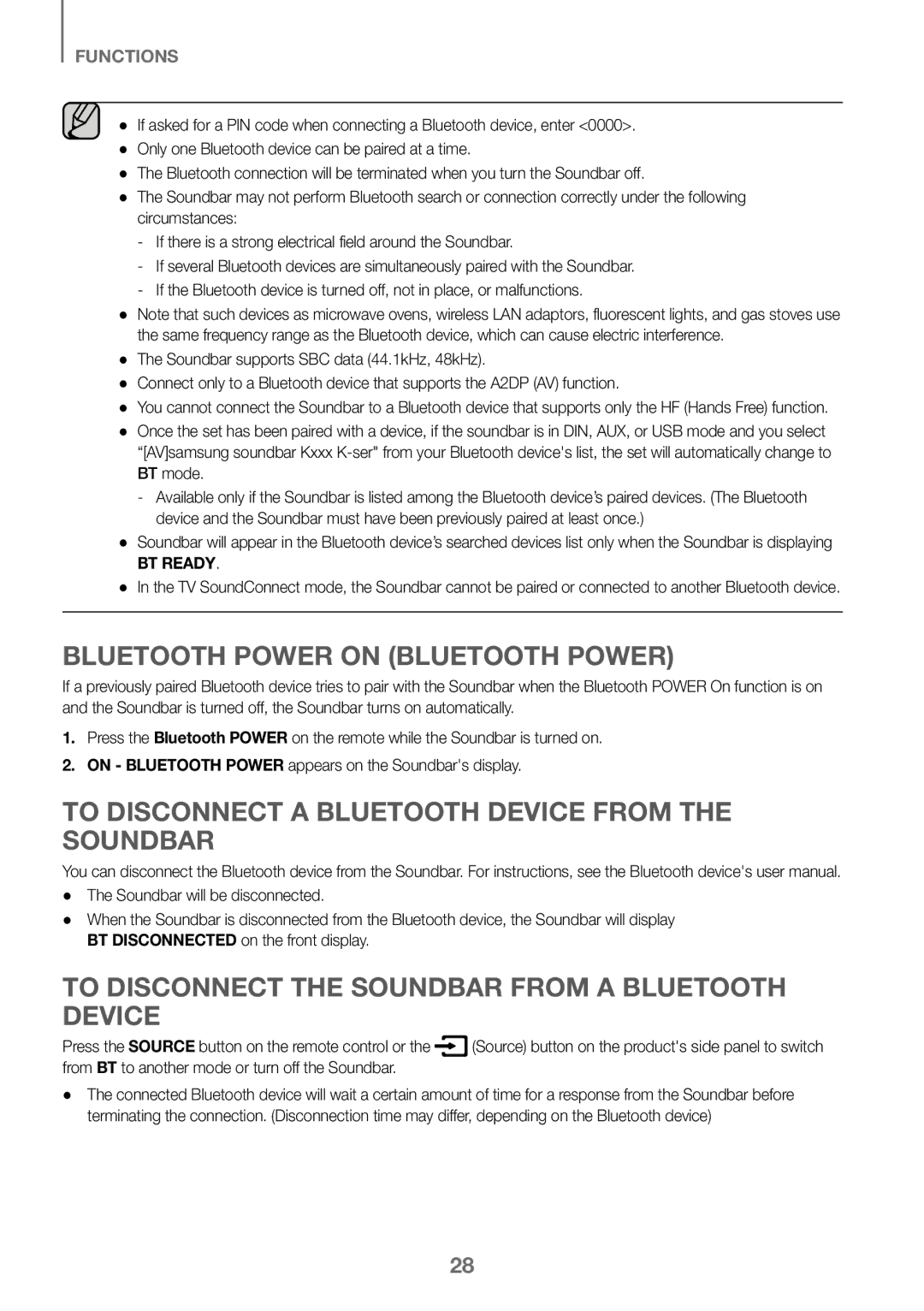 Samsung HW-K460/XE manual Bluetooth Power on Bluetooth Power, To Disconnect a Bluetooth Device from the Soundbar, BT mode 