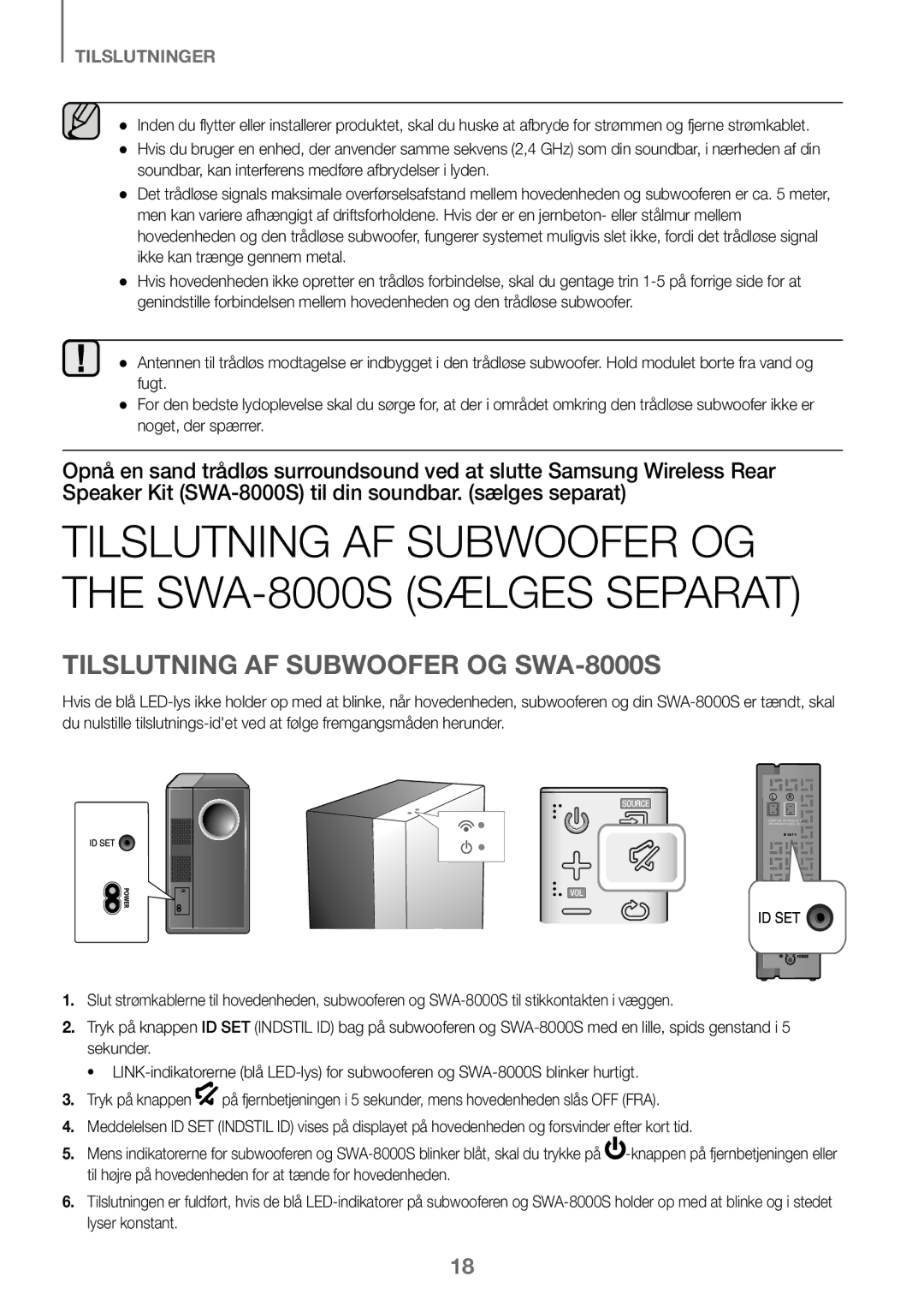 Samsung HW-K460/XE manual Tilslutning AF Subwoofer OG the SWA-8000S Sælges Separat, Tilslutning AF Subwoofer OG SWA-8000S 