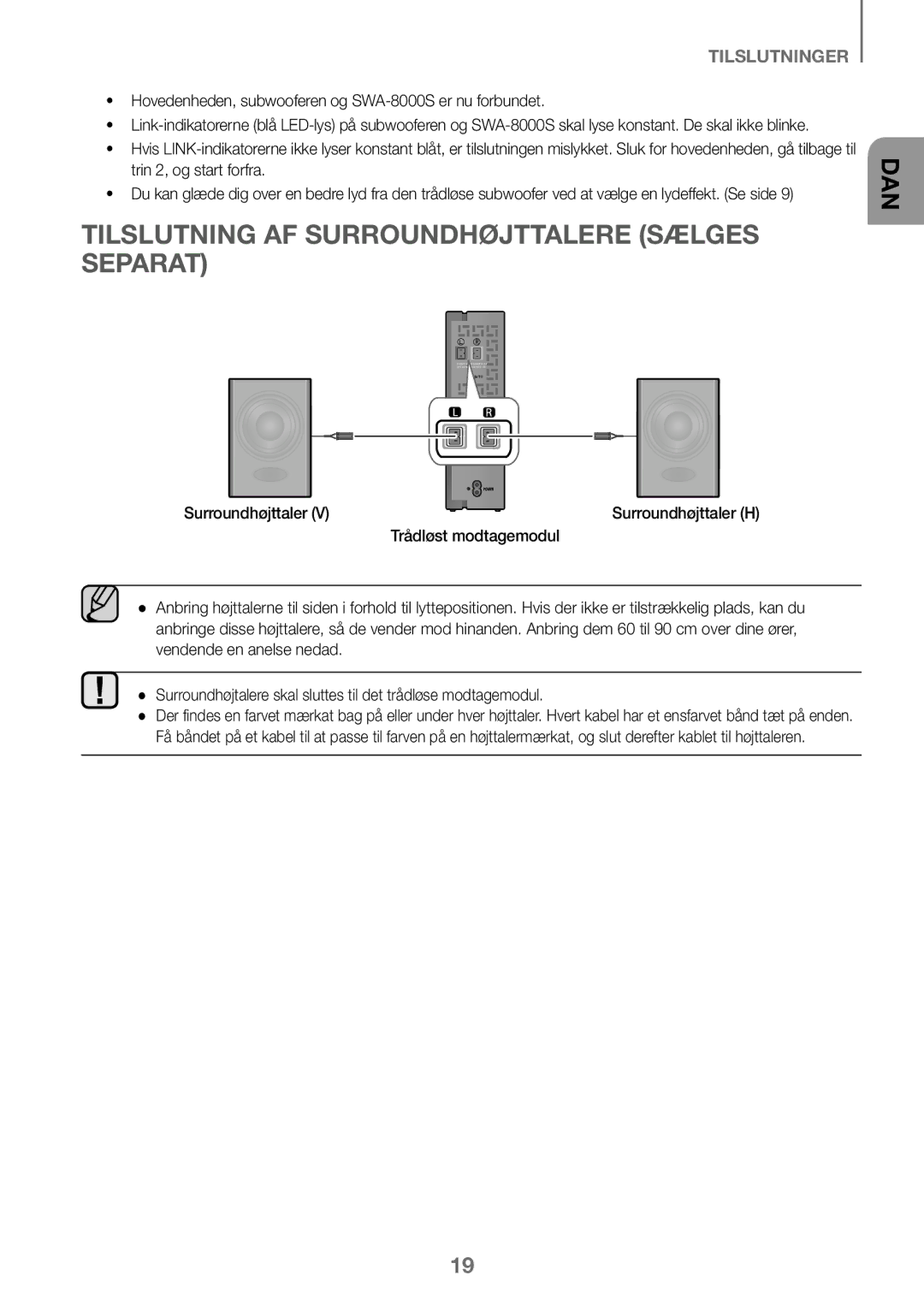 Samsung HW-K460/XE manual Tilslutning AF Surroundhøjttalere Sælges Separat, Trådløst modtagemodul 