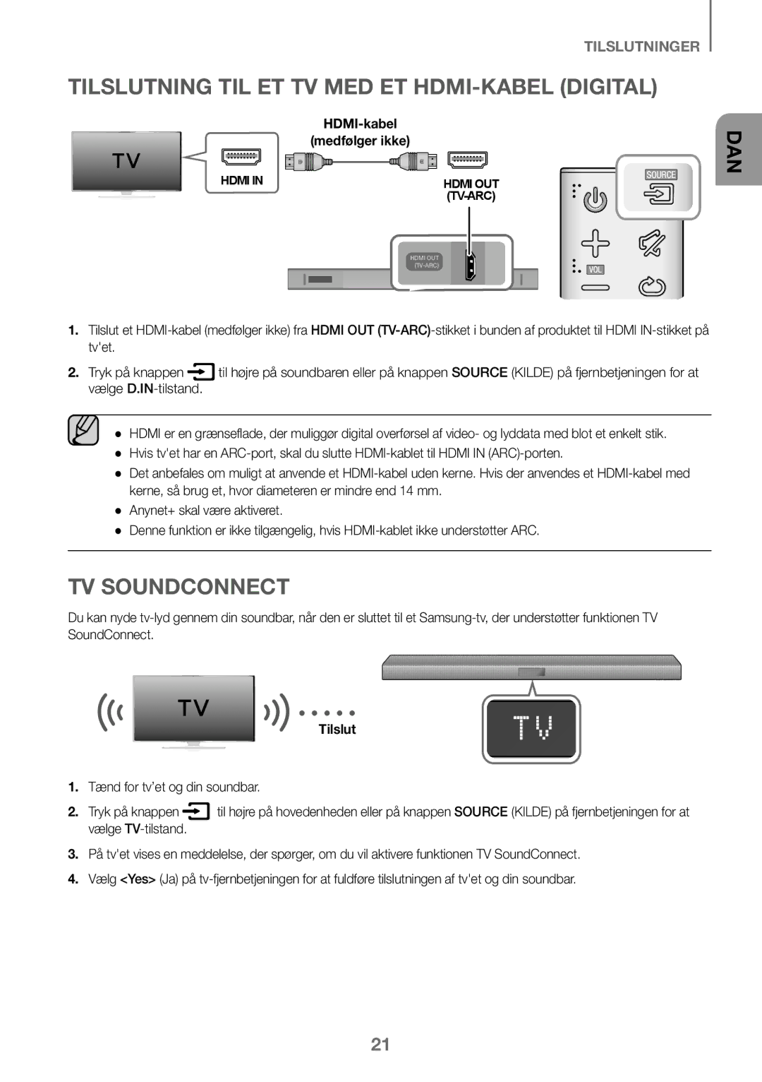 Samsung HW-K460/XE manual Tilslutning TIL ET TV MED ET HDMI-KABEL Digital, Tænd for tv’et og din soundbar Tryk på knappen 