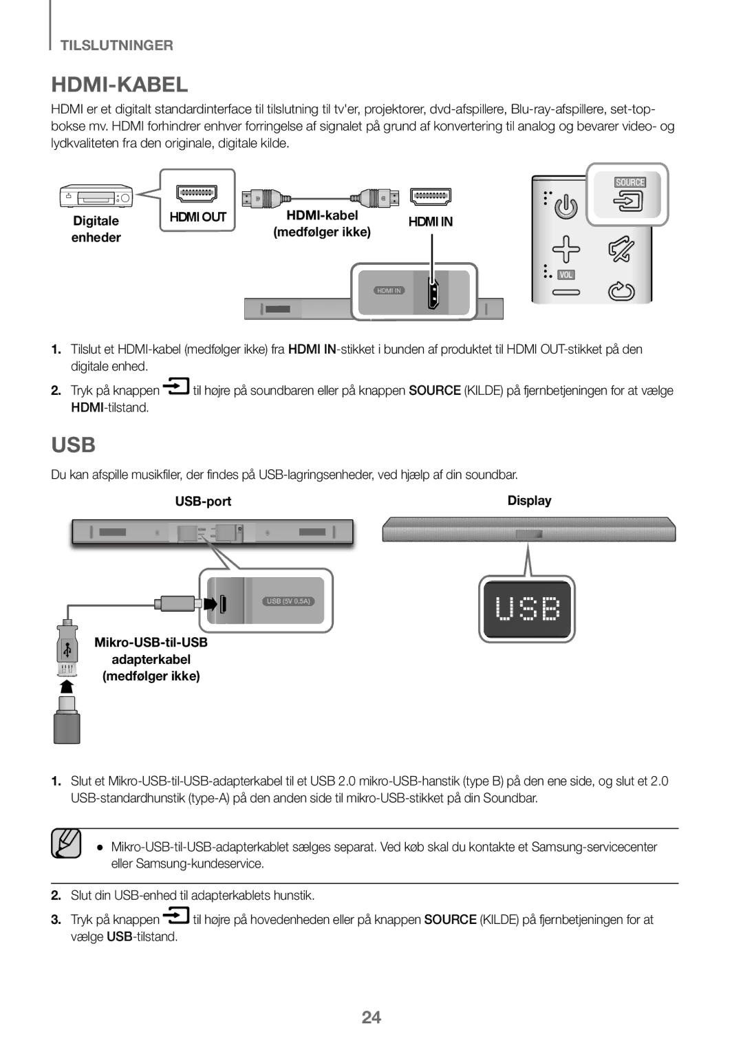 Samsung HW-K460/XE manual Hdmi-Kabel, Digitale, Enheder, USB-port, Mikro-USB-til-USB Adapterkabel Medfølger ikke 