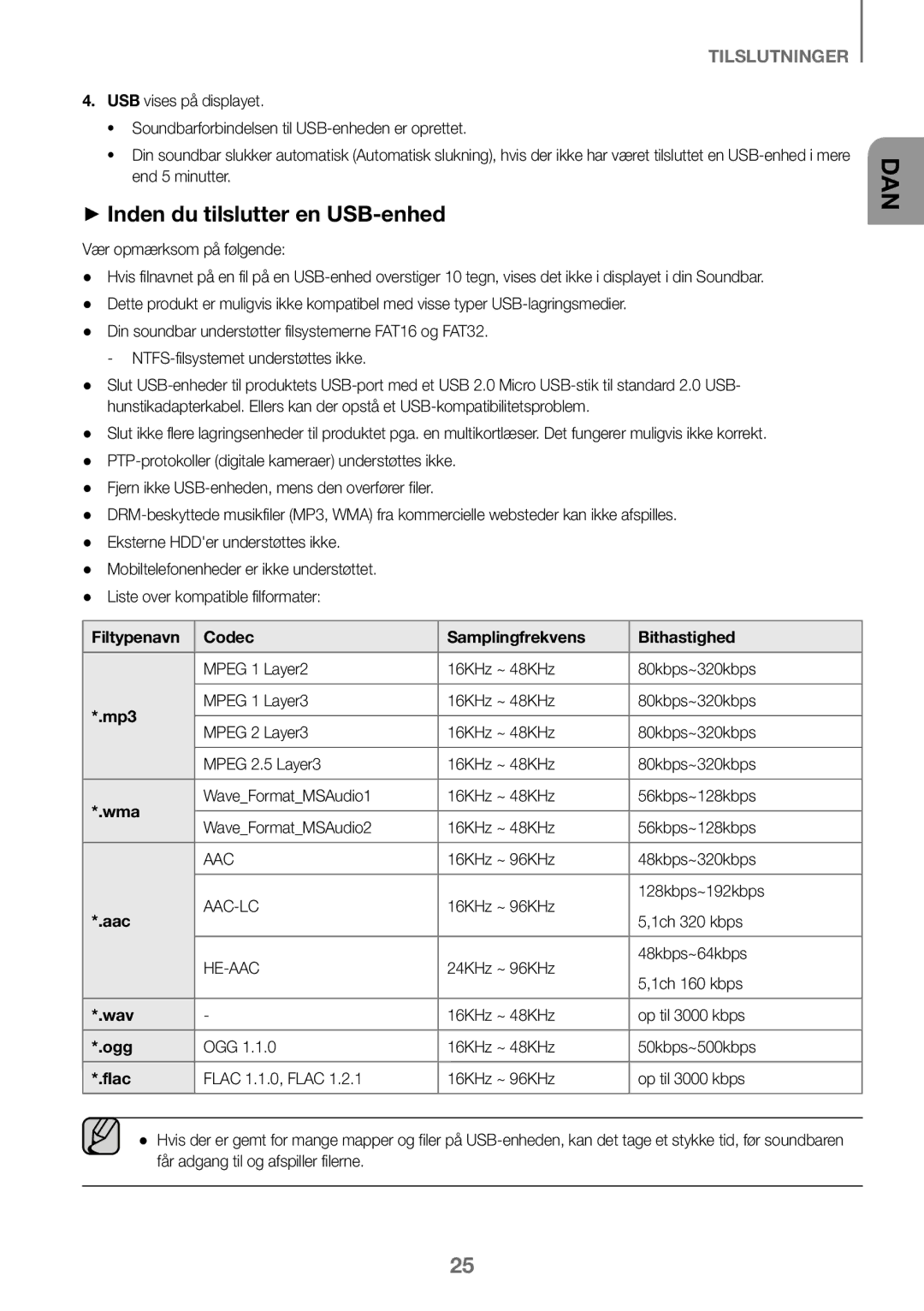 Samsung HW-K460/XE manual ++Inden du tilslutter en USB-enhed, Filtypenavn Codec Samplingfrekvens Bithastighed 