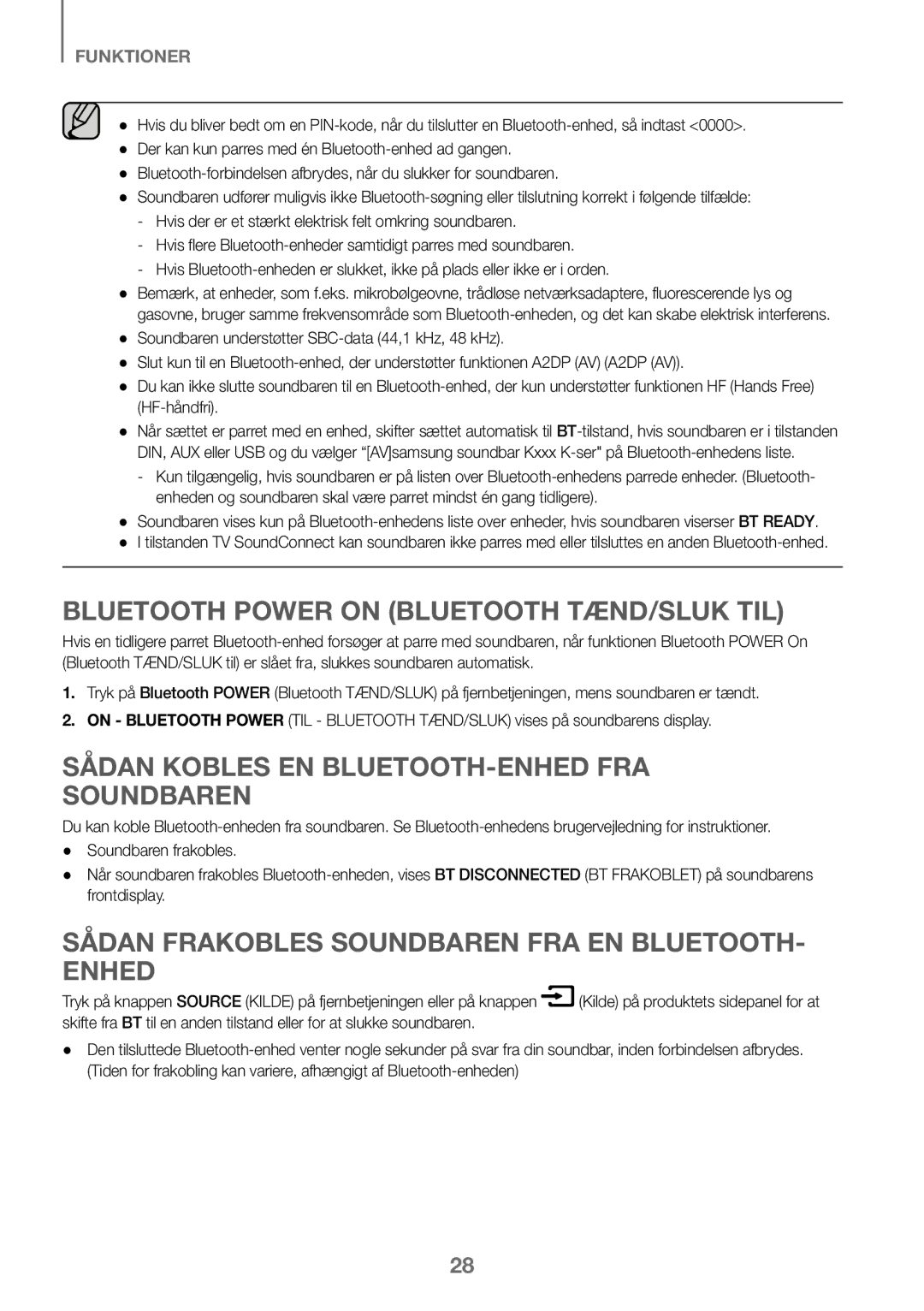 Samsung HW-K460/XE manual Bluetooth Power on Bluetooth TÆND/SLUK TIL, Sådan Kobles EN BLUETOOTH-ENHED FRA Soundbaren 