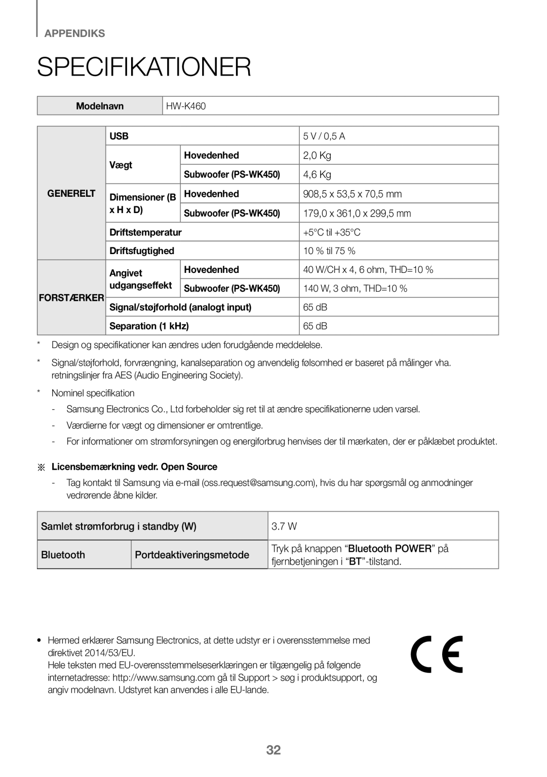 Samsung HW-K460/XE manual Specifikationer, 908,5 x 53,5 x 70,5 mm, 179,0 x 361,0 x 299,5 mm 