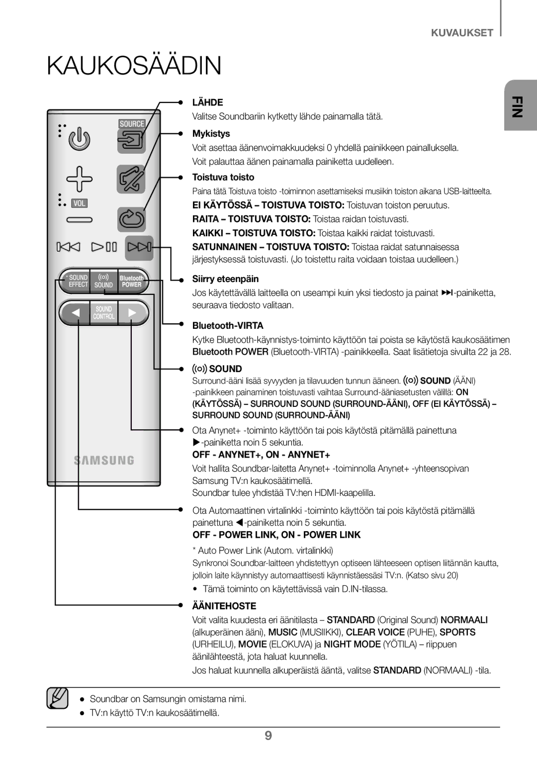 Samsung HW-K460/XE manual Kaukosäädin 