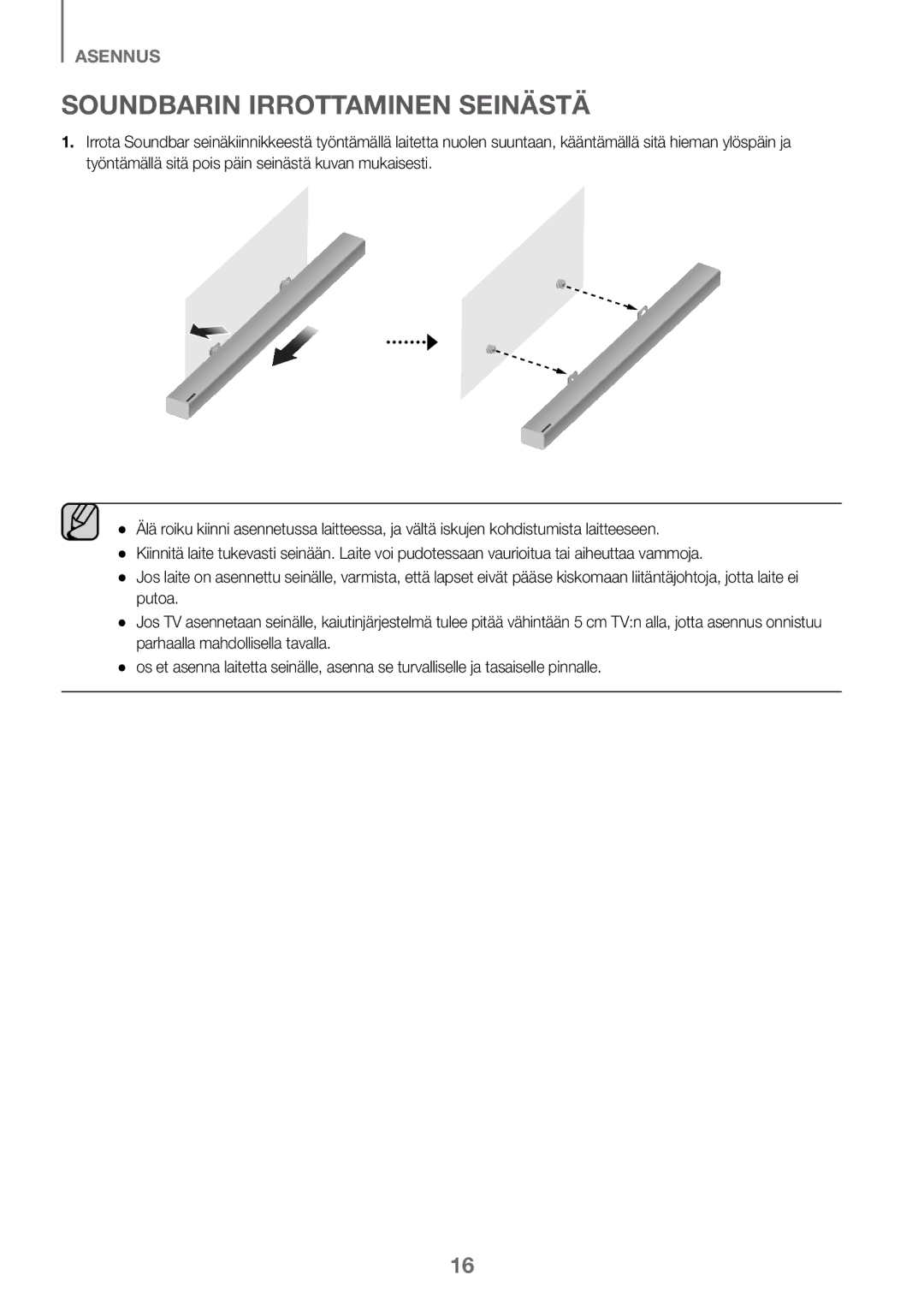 Samsung HW-K460/XE manual Soundbarin Irrottaminen Seinästä 