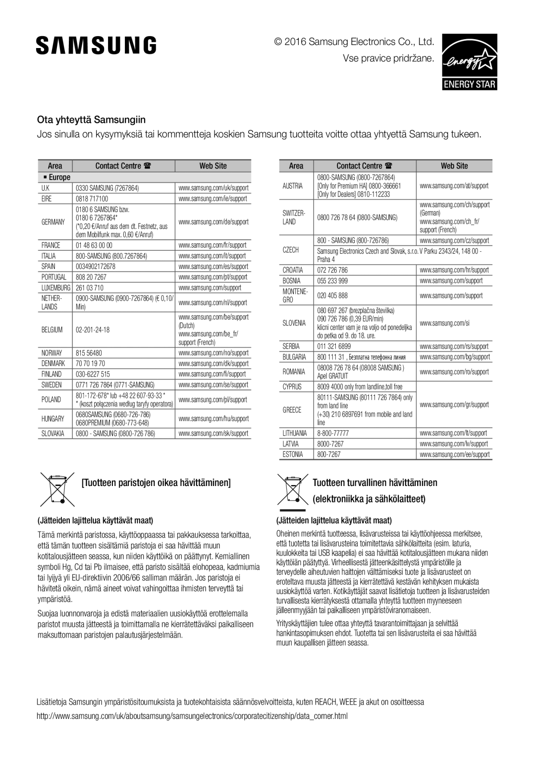 Samsung HW-K460/XE manual Tuotteen paristojen oikea hävittäminen 