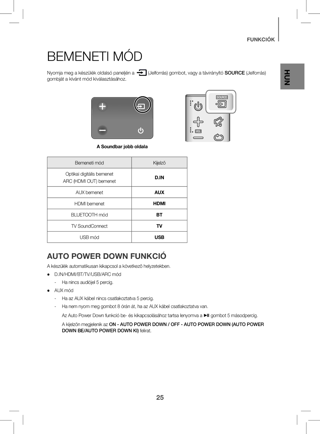 Samsung HW-K470/XN, HW-K470/EN manual Bemeneti MÓD, Auto Power Down Funkció, Soundbar jobb oldala, Bemeneti mód Kijelző 