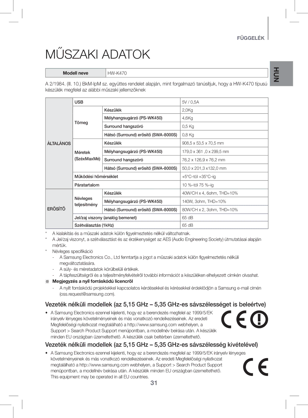 Samsung HW-K470/XN, HW-K470/EN manual Műszaki Adatok, Modell neve HW-K470, Megjegyzés a nyíl forráskódú licencrőlaa 